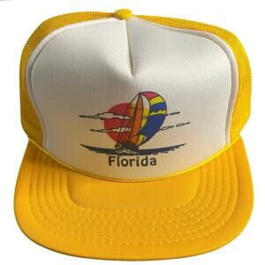 Vintage Snapback Trucker Hat | Florida Tourist | Yellow & White | Boat Scene